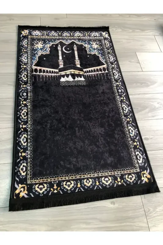 Kaymaz Taban Makinede Yıkanabilir Dijital Baskılı Seccade 70x120cm-Siyah Beyaz - 2