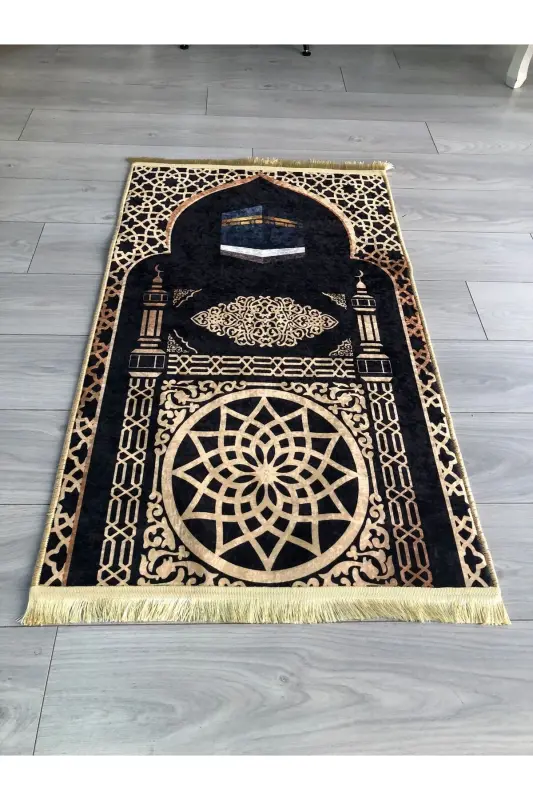 Kaymaz Taban Makinede Yıkanabilir Dijital Baskılı Seccade 70x120cm - Siyah Sarı - 2