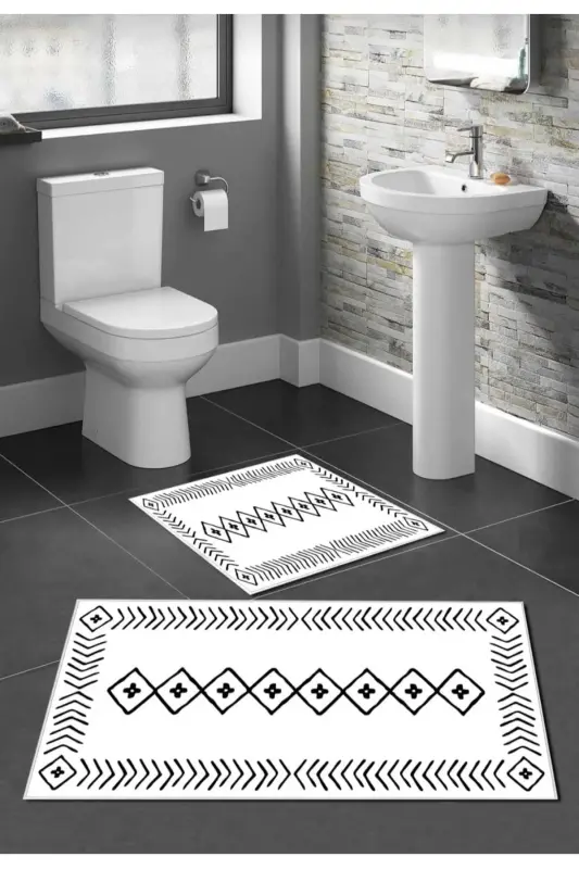 Kaymaz Taban Yıkanabilir 2 Li 60x100 - 50x60 Banyo Halısı Paspas Klozet Takımı - beyaz - 1