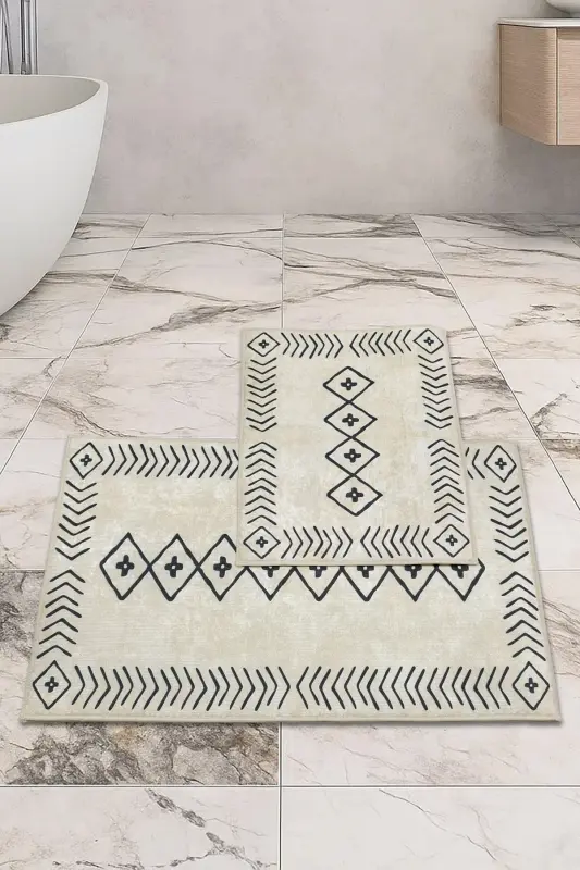 Kaymaz Taban Yıkanabilir 2 Li 60x100 - 50x60 Banyo Halısı Paspas Klozet Takımı-krem - THALIA HOME