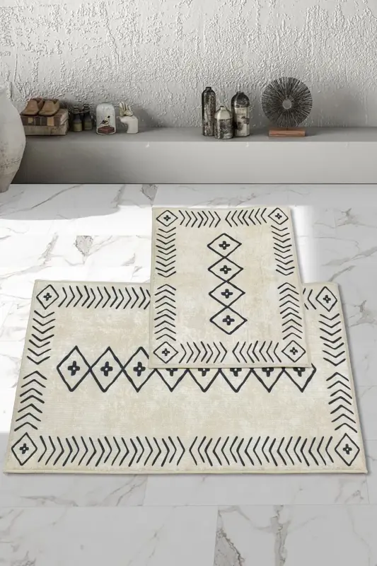 Kaymaz Taban Yıkanabilir 2 Li 60x100 - 50x60 Banyo Halısı Paspas Klozet Takımı-krem - 2