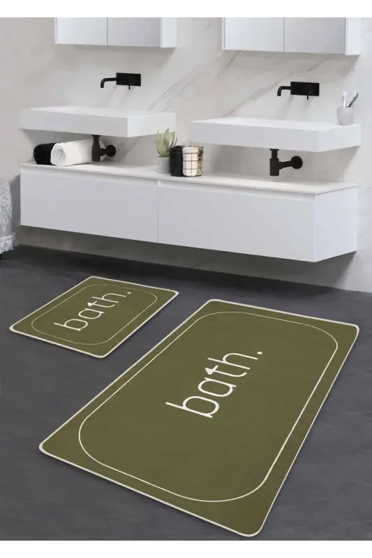 Kaymaz Taban Yıkanabilir 2’li Banyo Paspası - Haki Bath Desenli 60*100 Cm - 50*60 Cm - Haki - PILLOVELAND