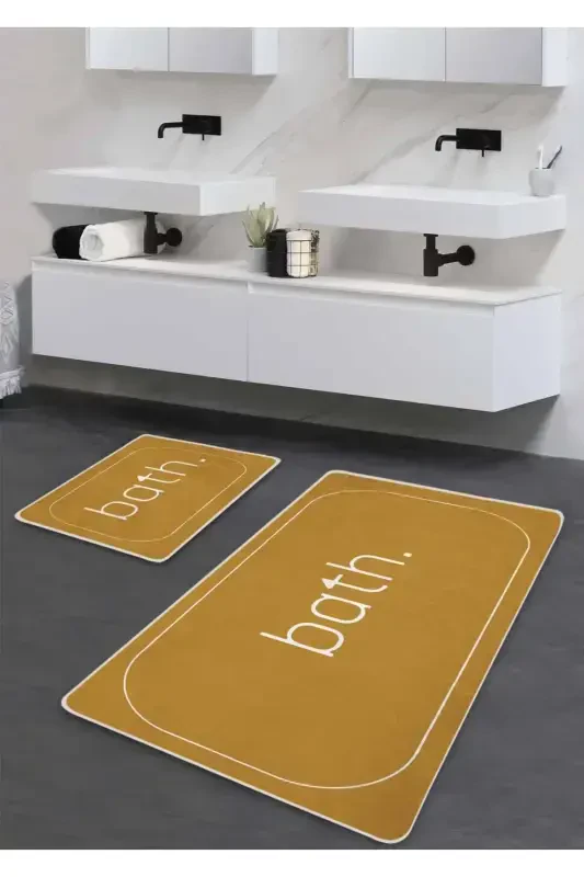 Kaymaz Taban Yıkanabilir 2’li Banyo Paspası - Hardal Bath Desenli 60*100 Cm - 50*60 Cm-Hardal - 1