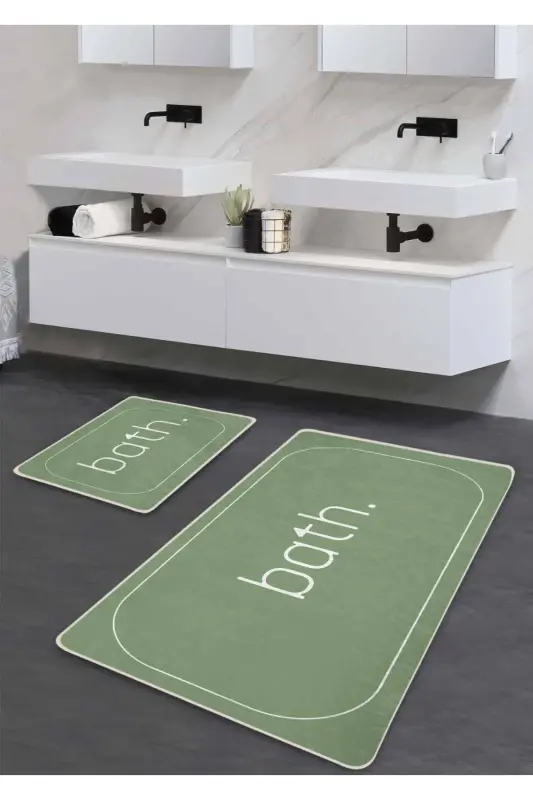 Kaymaz Taban Yıkanabilir 2’li Banyo Paspası - Mint Bath Desenli 60*100 Cm - 50*60 Cm - Mint - 1