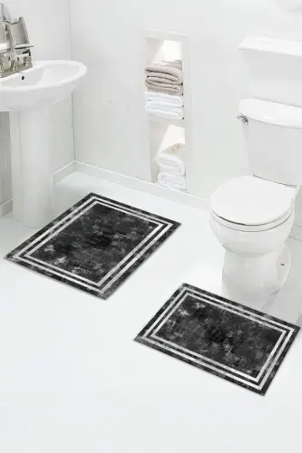 Kaymaz Taban Yıkanabilir 2'li Set Banyo Halısı Banyo Paspası Klozet Takımı (11) - çizgili-antrasit 