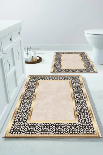 Rutschfeste Unterlage, waschbar, 2er-Set, Badezimmerteppich, Badematte, Toilettenset (12) - Quadrat-Gold - 3