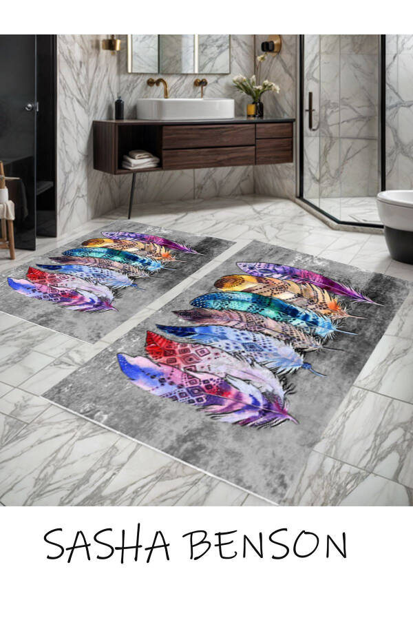 Etnik Tüy Desenli Ikili Banyo Paspası (40/60CM -60X90CM) - 1