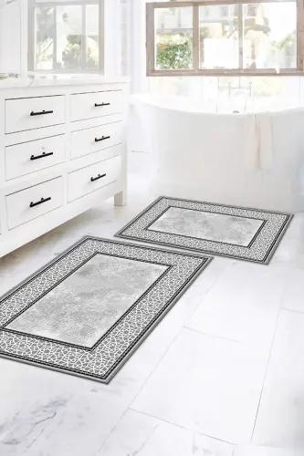 Kaymaz Taban Yıkanabilir 2'li Set Banyo Halısı Banyo Paspası Klozet Takımı (14) - kare-gri 