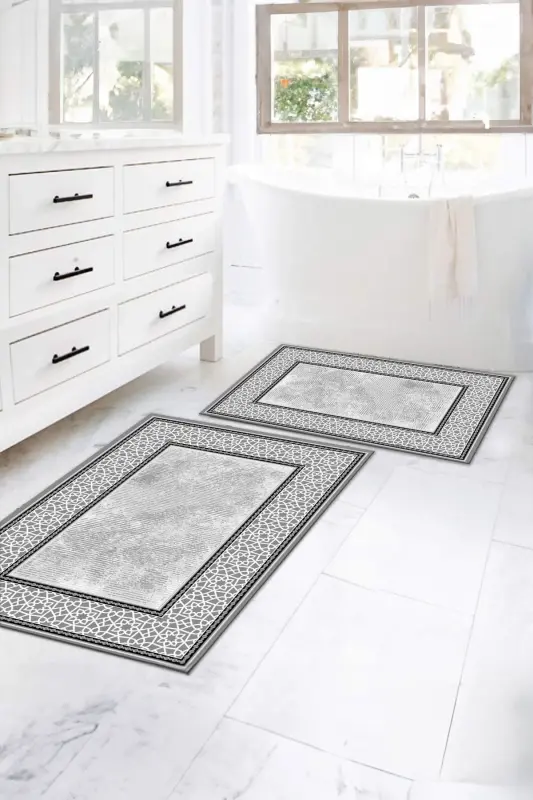 Kaymaz Taban Yıkanabilir 2'li Set Banyo Halısı Banyo Paspası Klozet Takımı (14) - kare-gri - 1