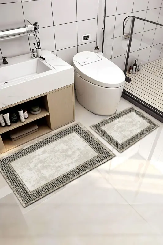 Kaymaz Taban Yıkanabilir 2'li Set Banyo Halısı Banyo Paspası Klozet Takımı (15) - bej - 1