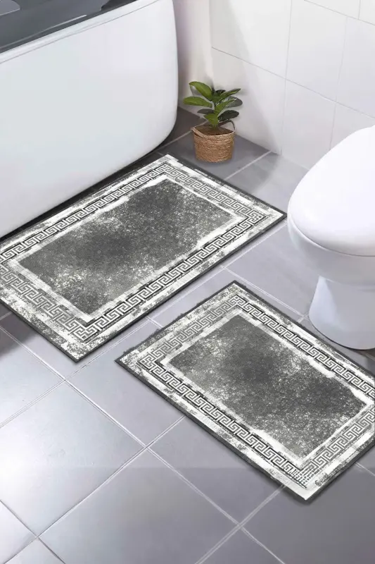 Kaymaz Taban Yıkanabilir 2'li Set Banyo Halısı Banyo Paspası Klozet Takımı (19)-gri - BIR AKSESUAR