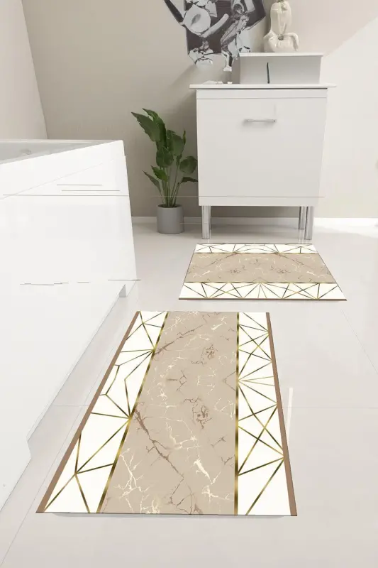 Kaymaz Taban Yıkanabilir 2'li Set Banyo Halısı Banyo Paspası Klozet Takımı (26)-bejçizgili - 1