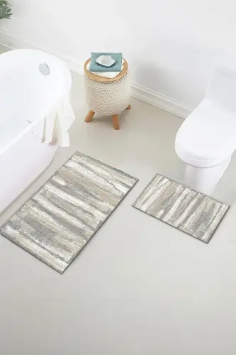 Kaymaz Taban Yıkanabilir 2'li Set Banyo Halısı Banyo Paspası Klozet Takımı (6) - kum-bej 
