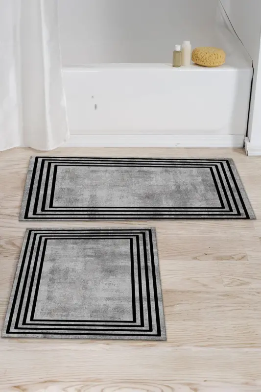 Kaymaz Taban Yıkanabilir 2'li Set Banyo Halısı Banyo Paspası Klozet Takımı (9)-çizgili - BIR AKSESUAR