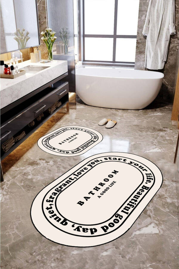 Kaymaz Taban, Banyo,paspası, Bathroom Yazılı, Estetik, Oval, 2'li Klozet Takımı - 2