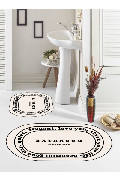 Kaymaz Taban, Banyo,paspası, Bathroom Yazılı, Estetik, Oval, 2'li Klozet Takımı - 4