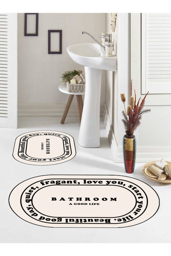 Kaymaz Taban, Banyo,paspası, Bathroom Yazılı, Estetik, Oval, 2'li Klozet Takımı - 4