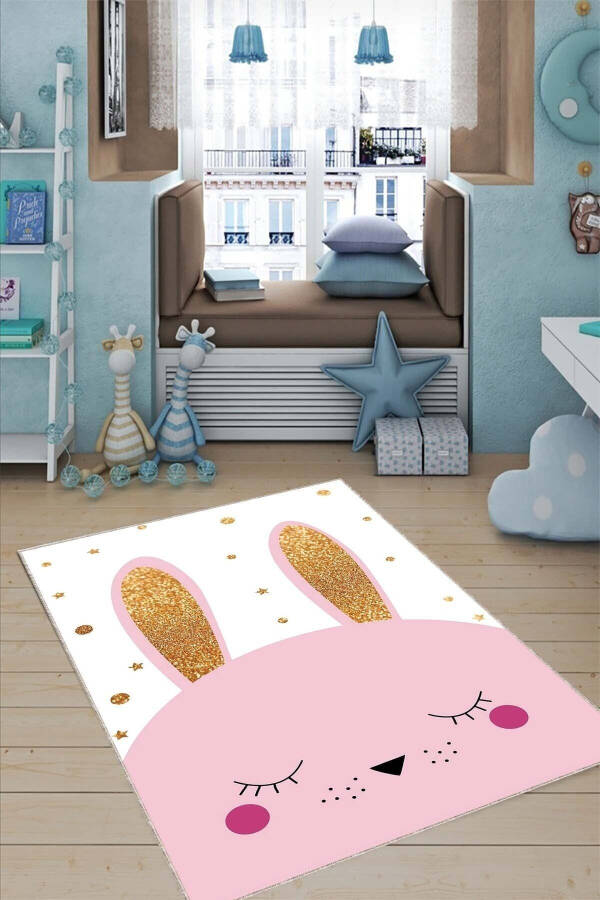Kaymaz Tabanlı Makinede Yıkanabilir Tavşanlı Bebek Halısı Ar826 - Pembe-2 - 1
