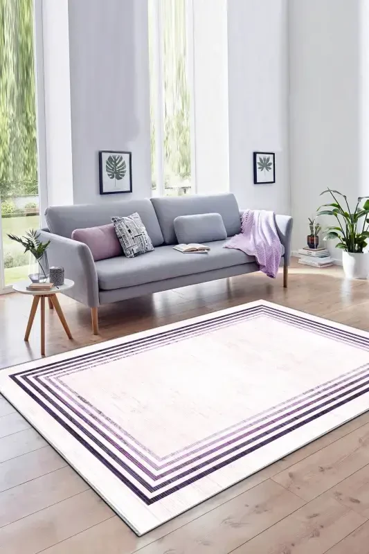 Kaymaz Tabanlı Yıkanabilir Baskılı Halı Yolluk-Pembe - 1