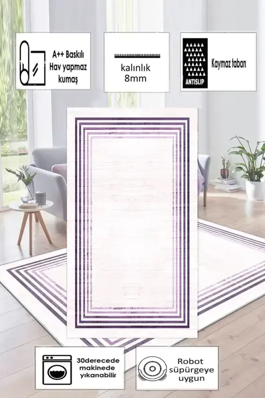 Kaymaz Tabanlı Yıkanabilir Baskılı Halı Yolluk-Pembe - 4