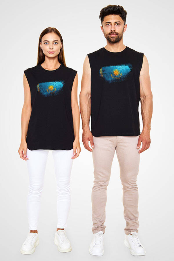 Kazakhstan Black Unisex Sleeveless T-Shirt Crop Top - 2