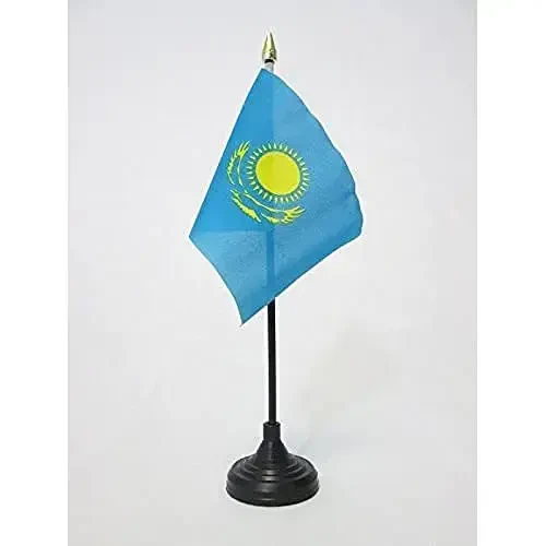 Kazakhstan Table Flag 4'' x 6'' - Kazakh Desk Flag 15 x 10 cm - golden spear top - AZ FLAG - 1