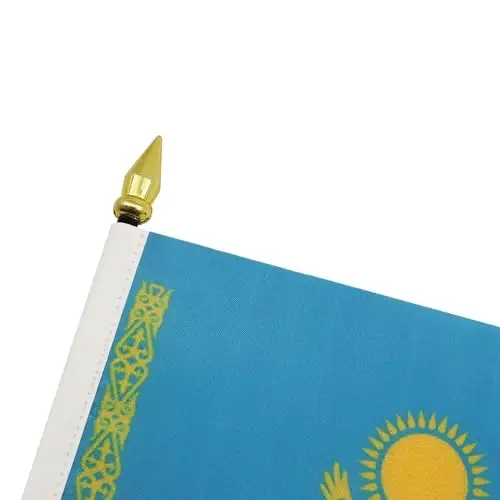 Kazakhstan Table Flag 4'' x 6'' - Kazakh Desk Flag 15 x 10 cm - golden spear top - AZ FLAG - 4