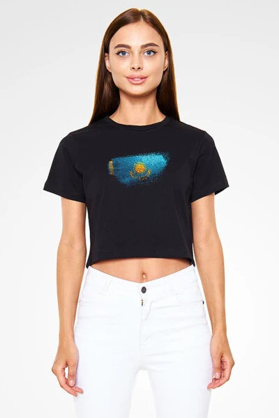 Kazakistan - Kazakhstan Siyah Unisex Crop Top Tişört T-Shirt - Darkhane