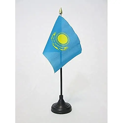 AZ FLAG - Kazakhstan Table Flag 4'' x 6'' - Kazakh Mini Desk Flag 100% Polyester 15 x 10 cm. - Office Banner with 10'' Pole - Golden Spear - 1