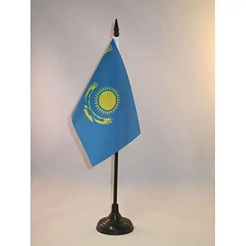 Kazakhstan Table Flag 4'' x 6'' - Kazakh Desk Flag 15 x 10 cm. - Black plastic stick and base - AZ FLAG - 1