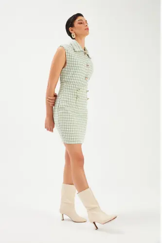 Kazayağı Desenli Mini Etek - Çağla Yeşili - 4