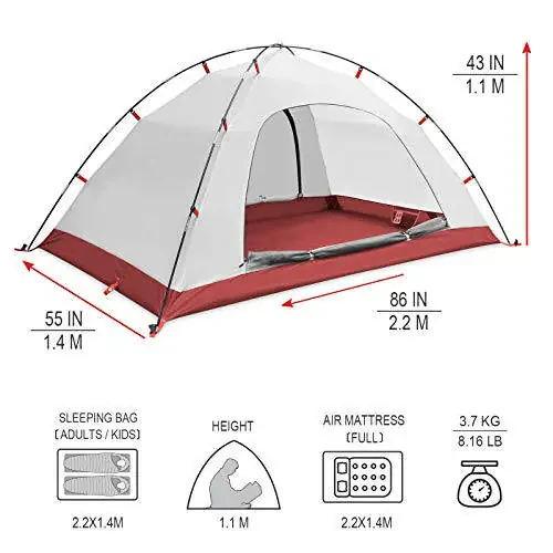 KAZOO 2／4 Person Camping Tent Outdoor Waterproof Family Large Tents 2/4 People Easy Setup Tent with Porch Double Layer - 6