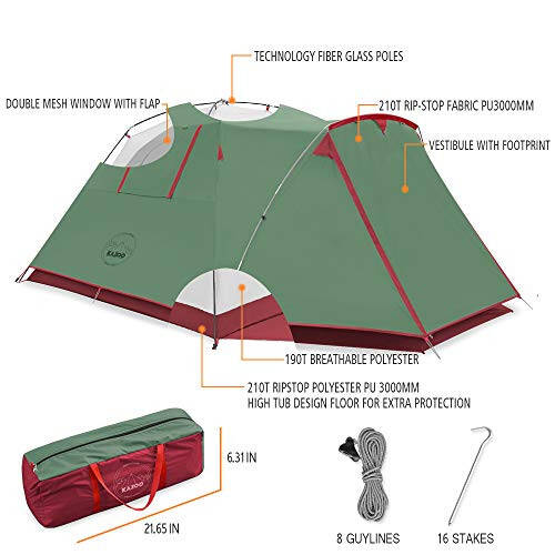 KAZOO 2／4 Person Camping Tent Outdoor Waterproof Family Large Tents 2/4 People Easy Setup Tent with Porch Double Layer | Outdoor - 6