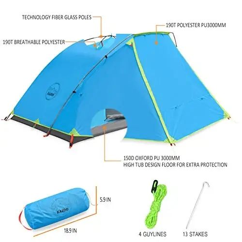 KAZOO 2/4 Person Camping Tent Outdoor Waterproof Family Large Tents 2/4 People Easy Setup Tent with Porch Double Layer - 7