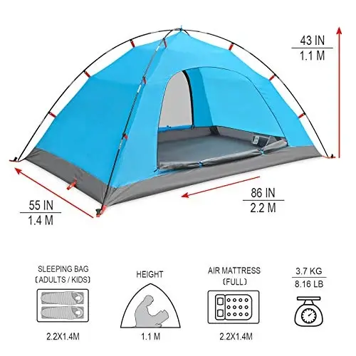 KAZOO 2／4 Person Camping Tent Outdoor Waterproof Family Large Tents 2/4 People Easy Setup Tent with Porch Double Layer - 6