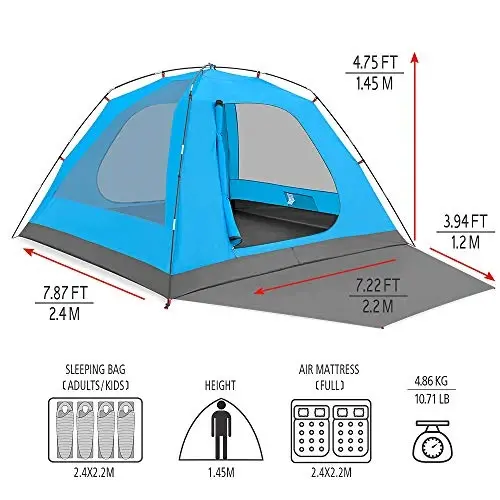 KAZOO 2／4 Person Camping Tent Outdoor Waterproof Family Large Tents 2/4 People Easy Setup Tent with Porch Double Layer - 5
