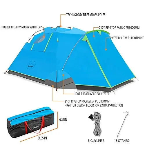 KAZOO 2／4 Person Camping Tent Outdoor Waterproof Family Large Tents 2/4 People Easy Setup Tent with Porch Double Layer - 6