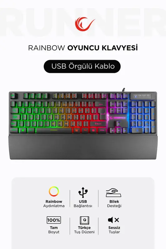 Kb-rx77 Runner Black Usb Rainbow Illuminated Q Wrist Rest Gaming Keyboard - 3