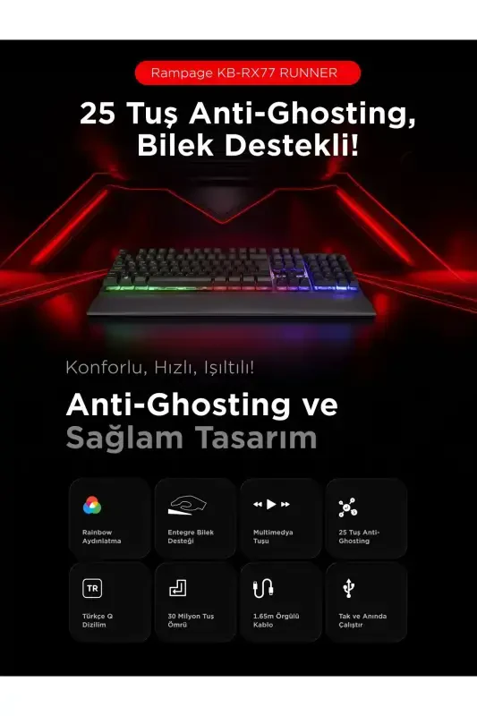 Kb-rx77 Runner Q Bilak Tayanchli Rainbow Yorug'likli Usb Q Oyun Klaviaturasi - 2