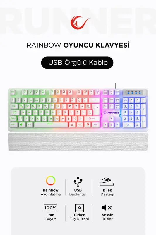 Kb-rx77 Runner Rainbow Клавиатура игровая с подставкой для запястий-белая-белая - 3