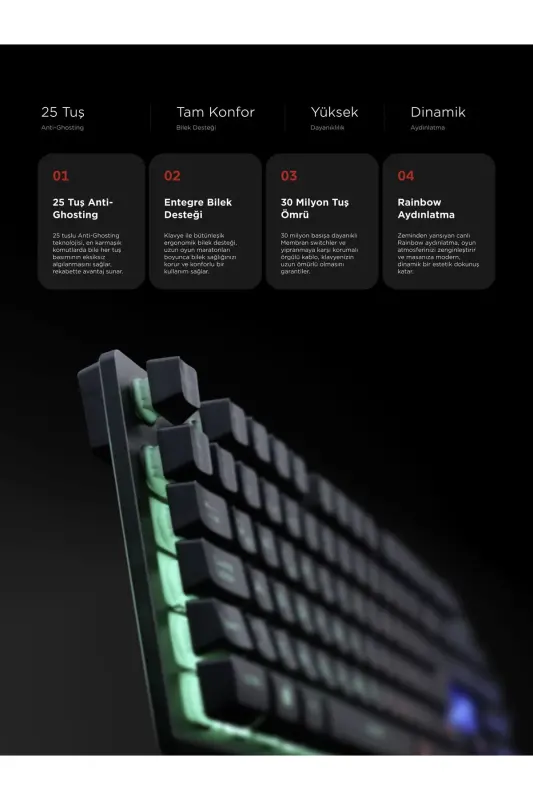 Kb-rx77 Runner Siyah Usb Rainbow Aydınlatmalı Q Bilek Destekli Gaming Klavye-Siyah - 6