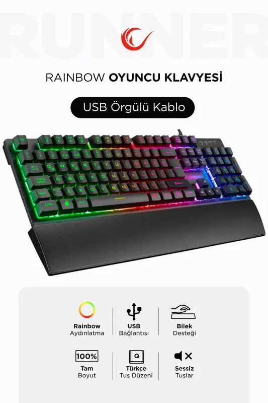 KB-RX77 Runner Siyah USB Rainbow Aydınlatmalı Q Bilek Destekli Gaming Oyuncu Klavyesi - Siyah - RAMPAGE