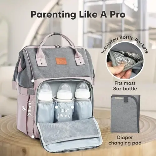 KeaBabies Baby Diaper Bag Backpack - Large Baby Bag for Boys, Girls, Waterproof Multi Function Travel Diaper Backpack with Changing Pad, Durable Travel Essentials for Moms and Dads (Pink Gray) - 4