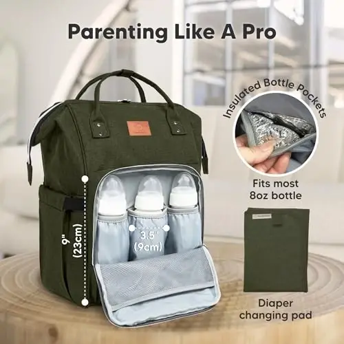KeaBabies Baby Diaper Bag рюкзак - Большая детская сумка для мальчиков и девочек, водонепроницаемый многофункциональный дорожный рюкзак для подгузников с пеленальным ковриком, прочные дорожные принадлежности для мам и пап (темно-оливковый) - 4