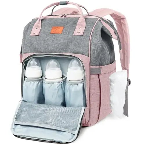 KeaBabies Baby Diaper Bag Backpack - Large Baby Bag for Boys, Girls, Waterproof Multi Function Travel Diaper Backpack with Changing Pad, Durable Travel Essentials for Moms and Dads (Pink Gray) - KEABABIES