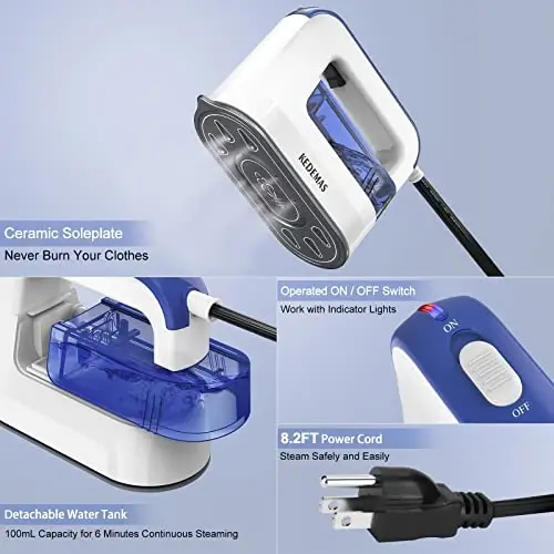 KEDEMAS Portable Steamer iron for Clothes, 1300W Mini Handheld Clothes Steamer, Horizontal, Vertical and Dry Ironing, Travel Garment Steamers for Travelling, Home, Office, ONLY FOR 120V - 3