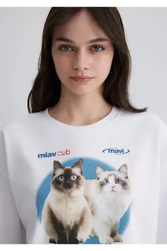 Kedi Baskılı Beyaz Tişört Crop / Kısa Kesim 1613098-620 - 6