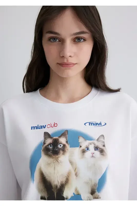 Kedi Baskılı Beyaz Tişört Crop / Kısa Kesim 1613098-620 - 6