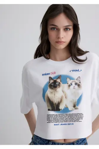 Kedi Baskılı Beyaz Tişört Crop / Kısa Kesim 1613098-620 - 1