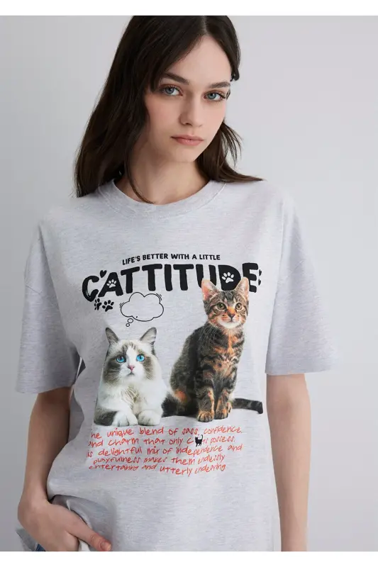 Kedi Baskılı Gri Tişört Loose Fit / Bol Rahat Kesim 1613097-88467 - Gri-88467 - 2